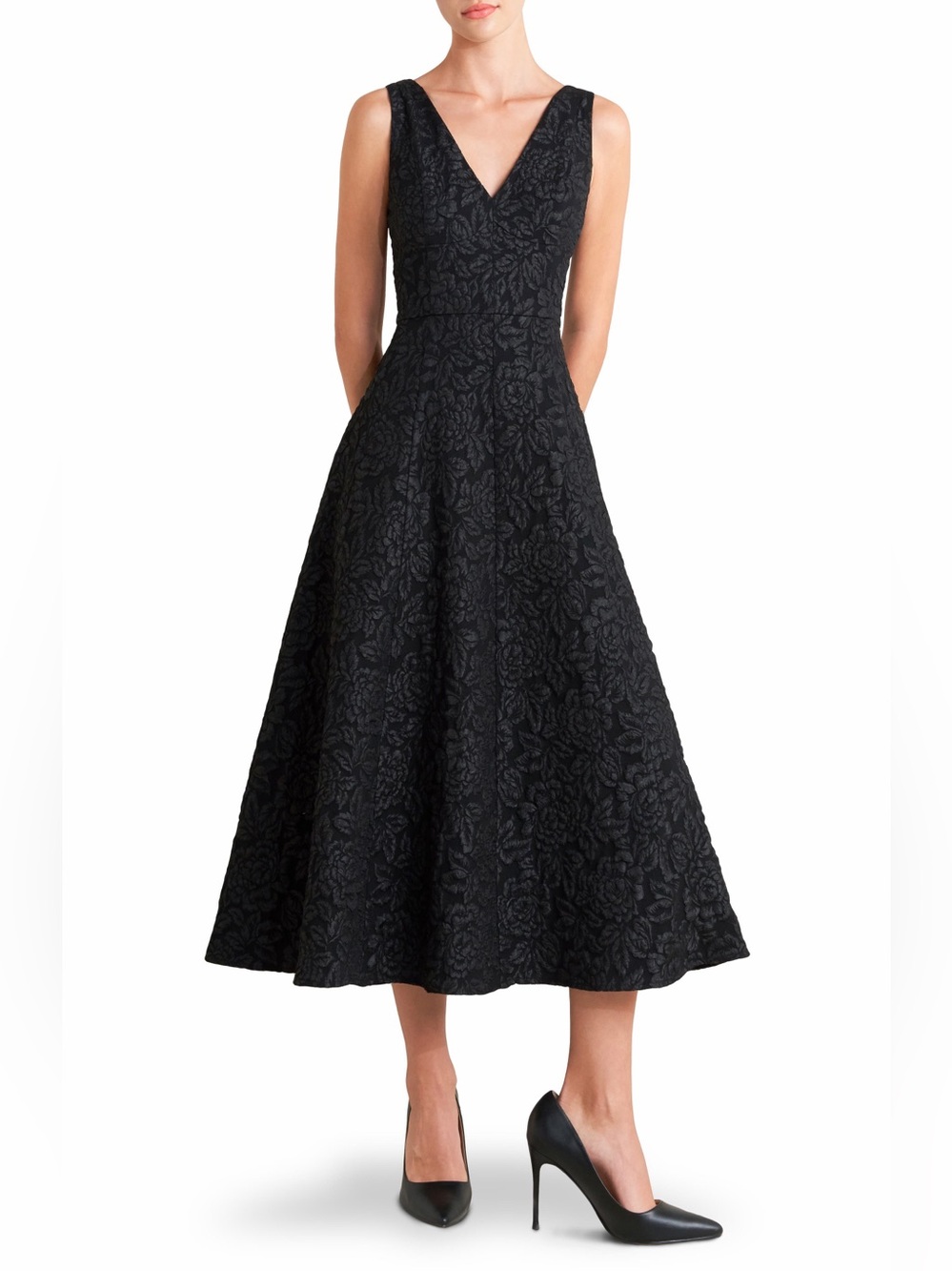 NWOT FreeMarket Black Floral Jacquard Fit-and-Flare Dress – Size L, Fits M
